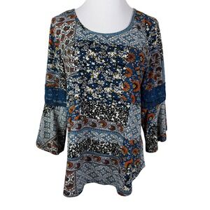 Stem & Vine 1X Boho Floral Patchwork Bell Sleeve Blouse Blue Orange Crochet Lace
